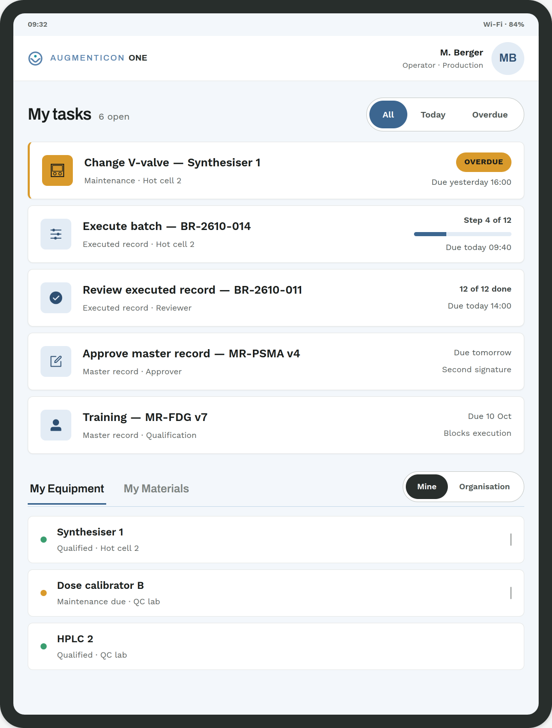 Dashboard: six open tasks, then tabs for my equipment and my materials.