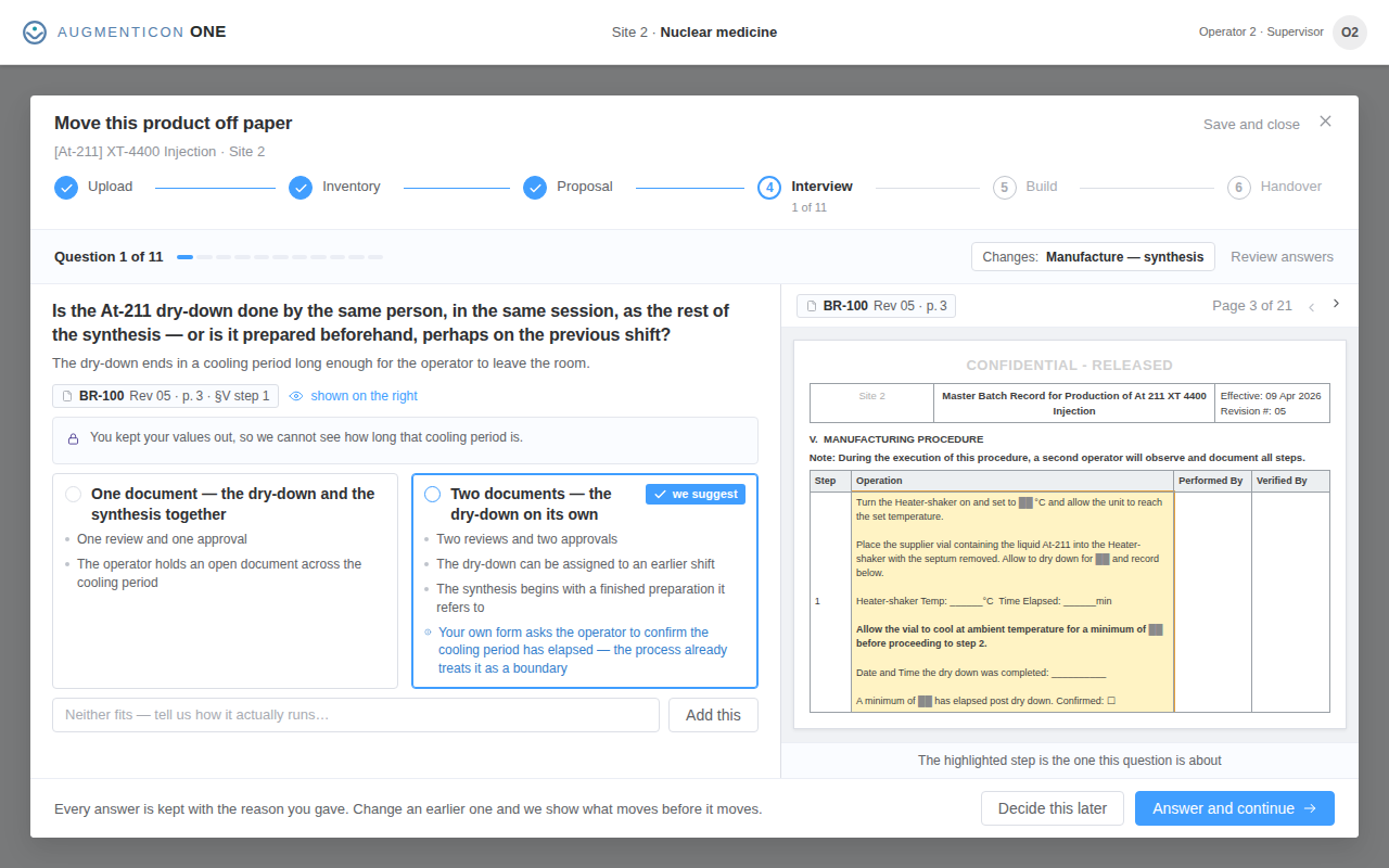 Interview: one question about how the work is organised, with the source page open beside it and each option's consequences listed.