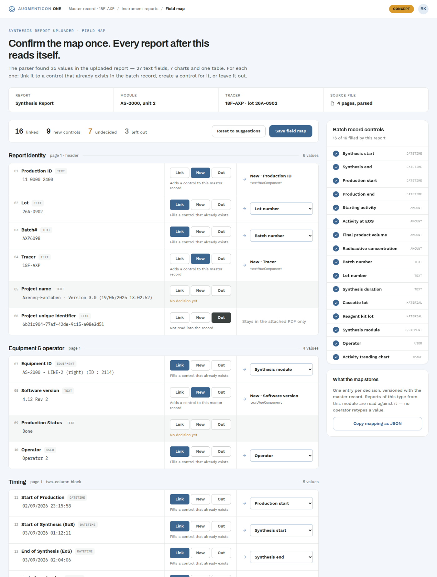 The instrument report field map: extracted values on the left, each linked to a control in the batch record on the right.